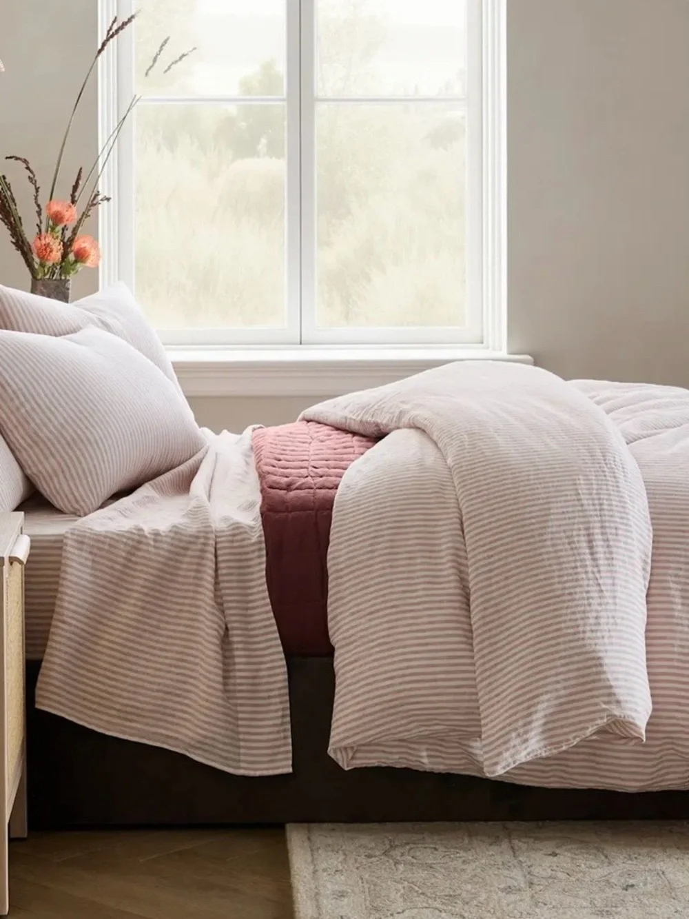 NWT Quince European Linen Stripe Duvet Cover Set, King/Cal (Dusty Mauve/White)